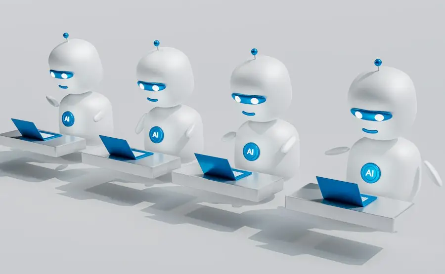 Une rangée de petits robots blancs travaillant sur des ordinateurs